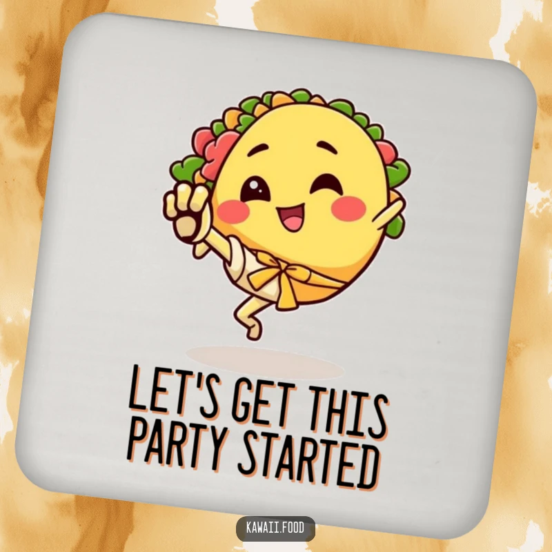 Funny drink coaster of a happy taco character performing an energetic karate kick, adding spicy flair to your table.