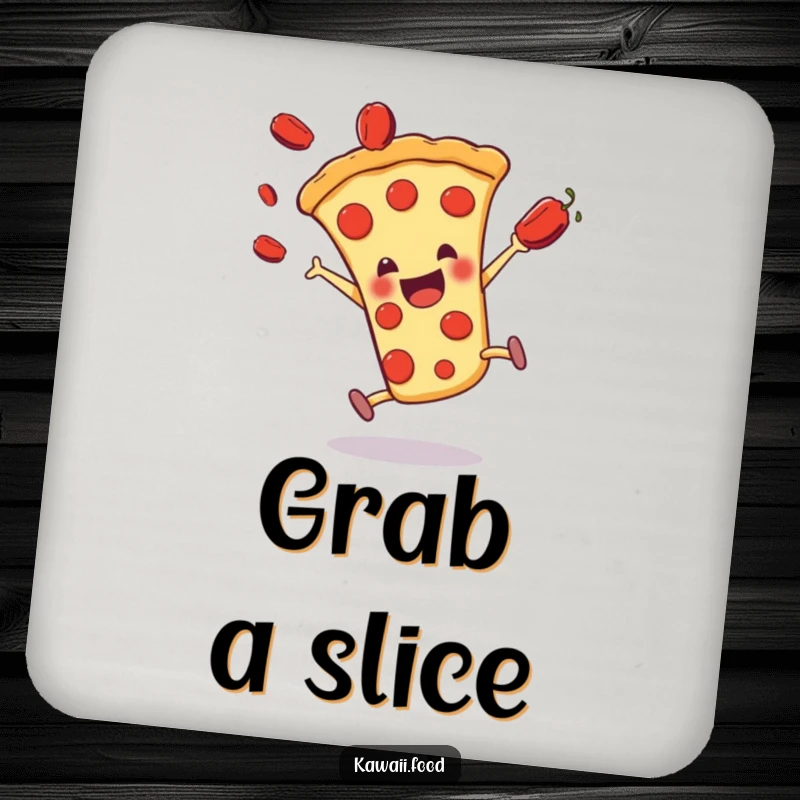 Funny pizza slice character doing a cartwheel with pepperonis flying, featured on a protective drink coaster.