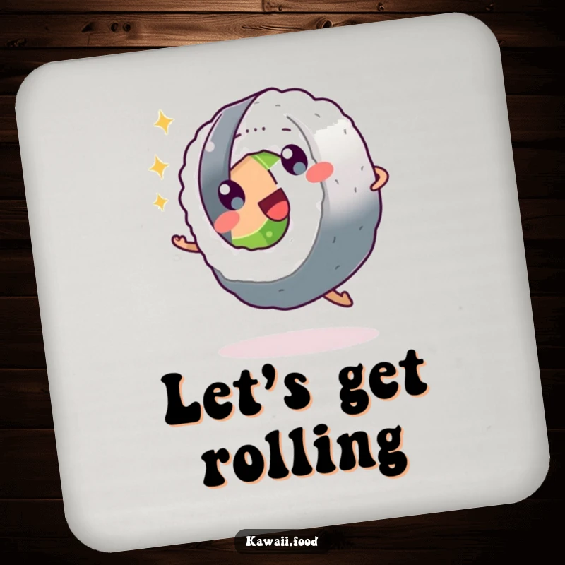 Funny sushi roll character with sparkling eyes doing a cartwheel on a drink coaster, offering a humorous and functional touch.
