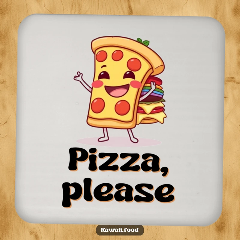 Funny grinning pizza slice character balancing toppings on a drink coaster, offering a humorous and functional touch.