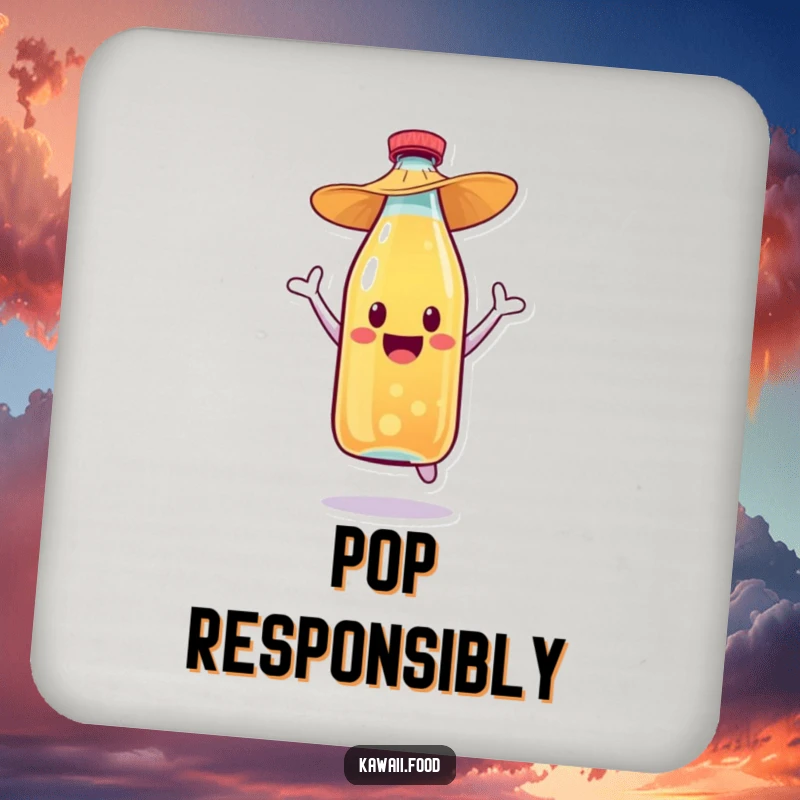 Funny soda bottle character in a straw hat, captured mid-celebratory jump, featured on a protective drink coaster.