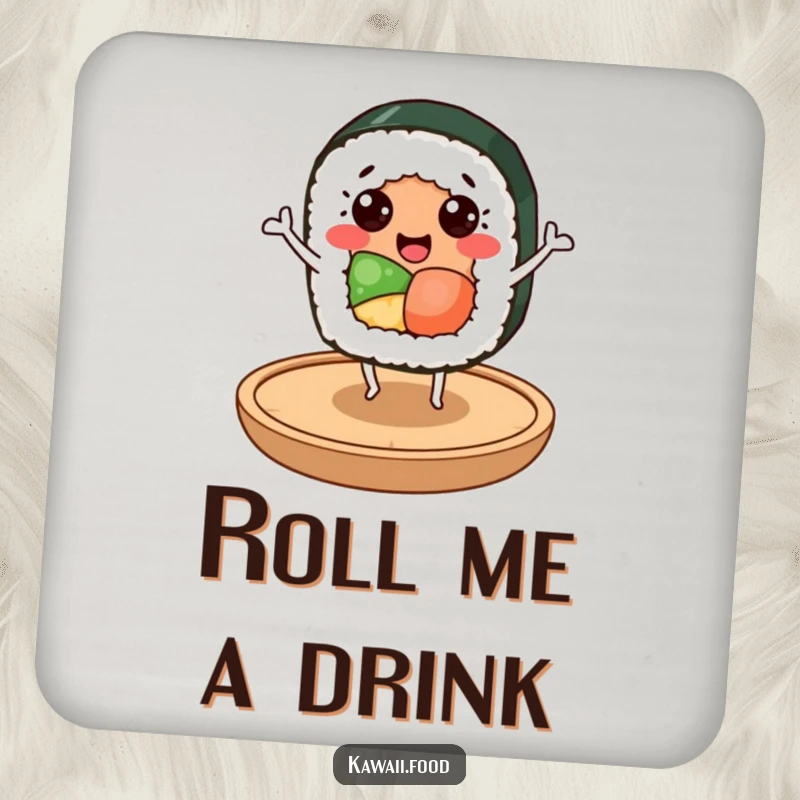 Funny sushi roll character with happy eyes dancing on a small wooden plate, adding a humorous touch to this drink coaster.