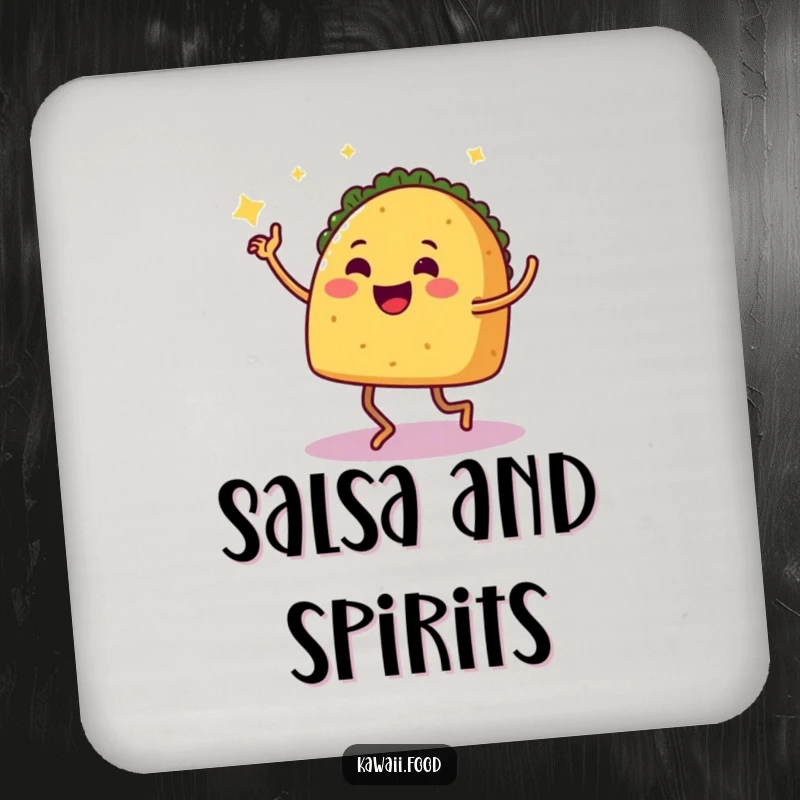 Funny Drink Coaster: A smiling taco with legs dancing salsa, offering a humorous and functional piece to protect surfaces.