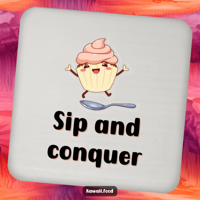 Funny cheerful cupcake with legs leaping over a tiny spoon on drink coasters, adding sweet humor and protection.