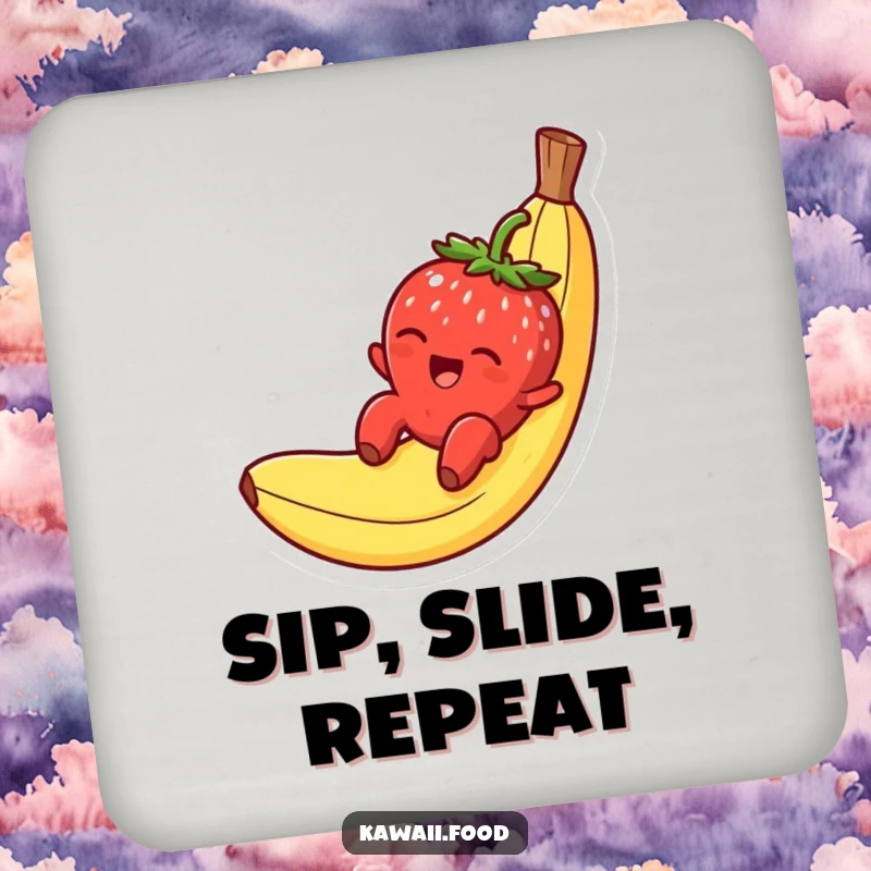 Funny drink coaster of a smiling strawberry character gleefully sliding down a banana peel, adding fruity charm to your table.