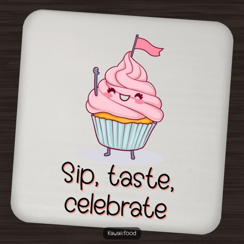 Funny coaster set with a happy cupcake with legs waving a tiny flag from a frosting mountain, adding humorous and protective elements.