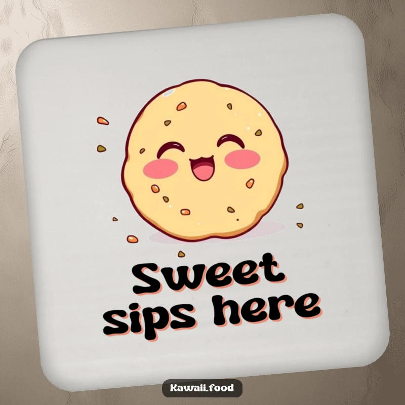 Funny Coaster: Adorable illustration of a blushing cookie with crumbs scattering, adding sweetness and protection.