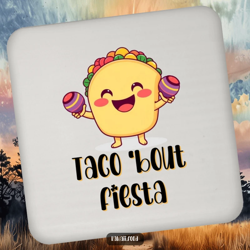 Funny smiling taco character enthusiastically shaking tiny maracas on a drink coaster, offering a humorous and functional touch.
