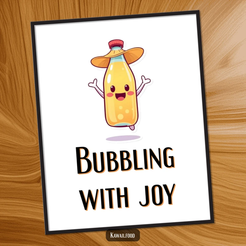 Funny soda bottle character wearing a straw hat, executing a dynamic celebratory jump, presented as a striking wall art poster.