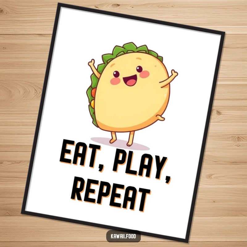 Funny poster showing a happy taco with legs performing a cartwheel, radiating energy and culinary delight.