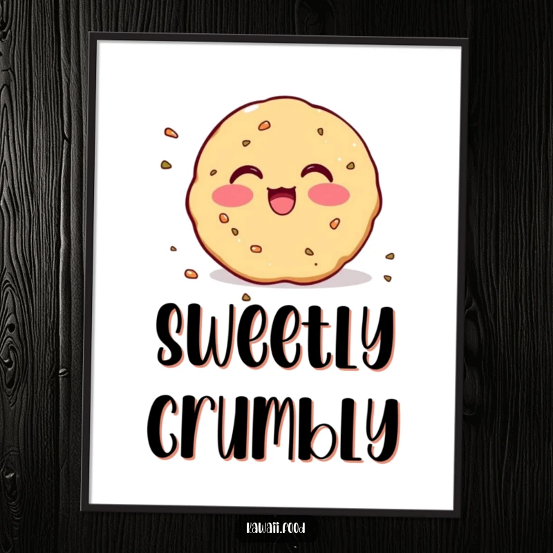 Funny Poster: Whimsical artwork of a blushing cookie with crumbs scattering enthusiastically, perfect for kitchens or cafes.
