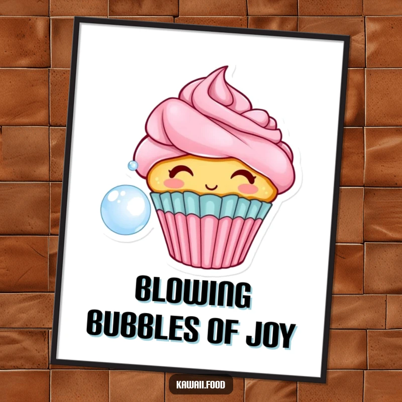 Funny poster of a cheerful cupcake with frosting hair, blowing a large bubble, adding a whimsical and sweet touch to any decor.