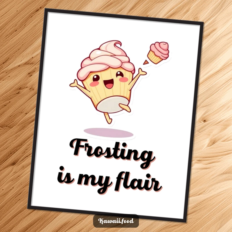 Funny poster illustrating a playful cupcake character mid-cartwheel with generous amounts of frosting flying, creating a lively and humorous scene.