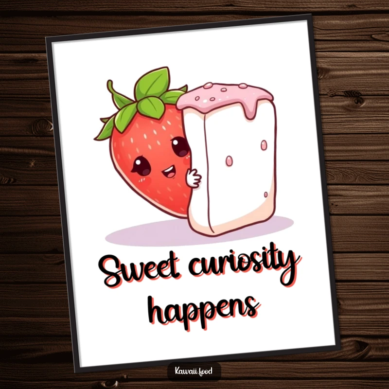 Funny curious strawberry wearing a leaf hat, peeking from behind a giant sugar cube, presented as humorous wall art.