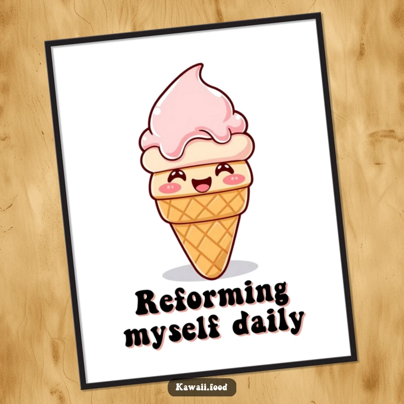 Funny ice cream cone poster, giggling and melting then reforming, a whimsical and humorous character adding a sweet, funny touch to decor.