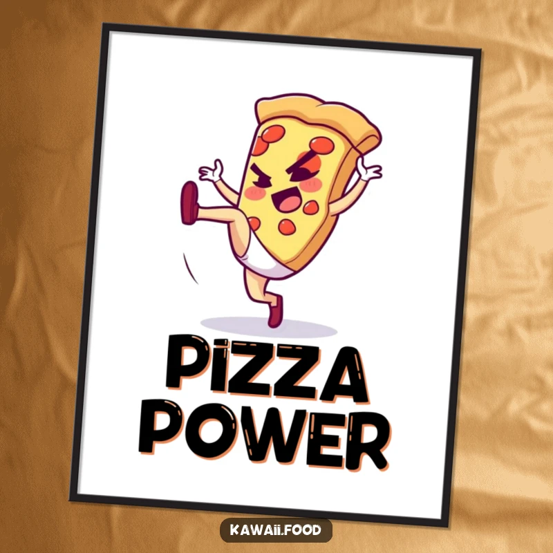 Funny poster showcasing a pizza slice character performing a high kick, adding a dynamic and humorous touch to wall art.