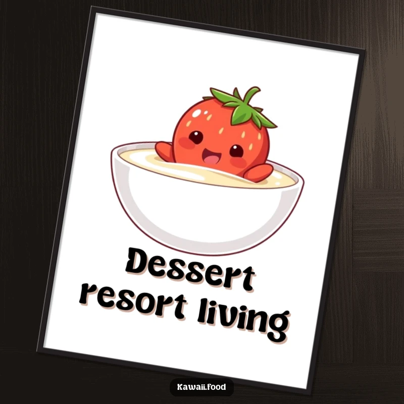 Funny poster of a happy strawberry character comically attempting to swim in a bowl of cream, a whimsical and sweet piece.