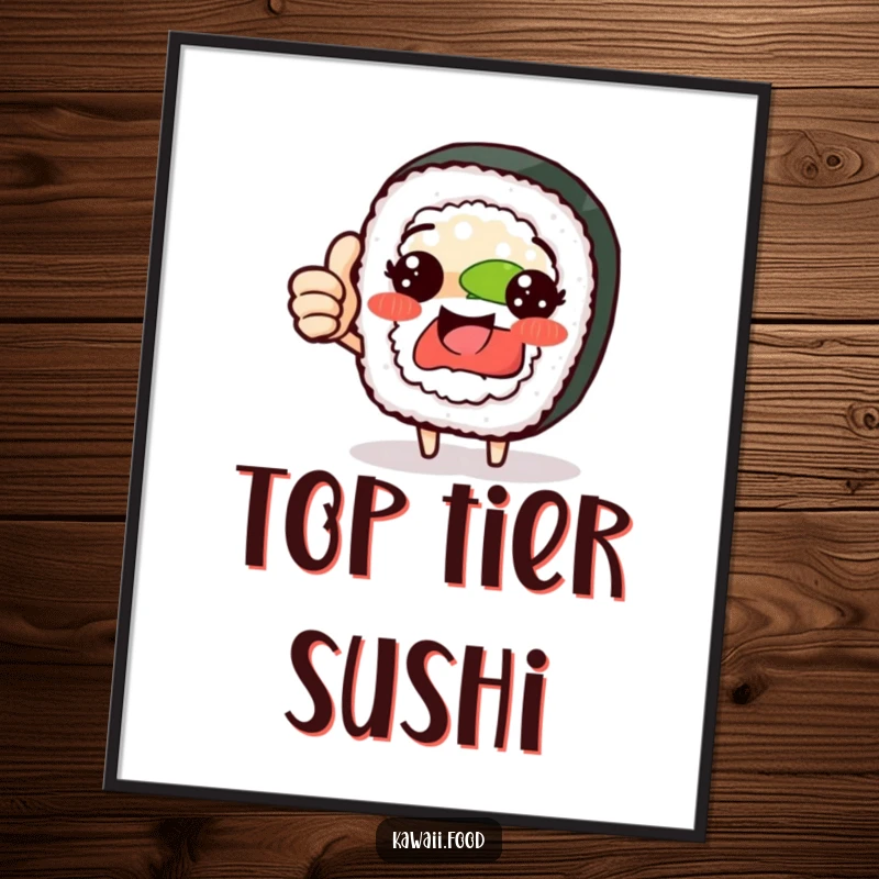 Funny sushi roll character poster giving a proud thumbs up, delicious wall art for sushi enthusiasts, ideal funny gift.