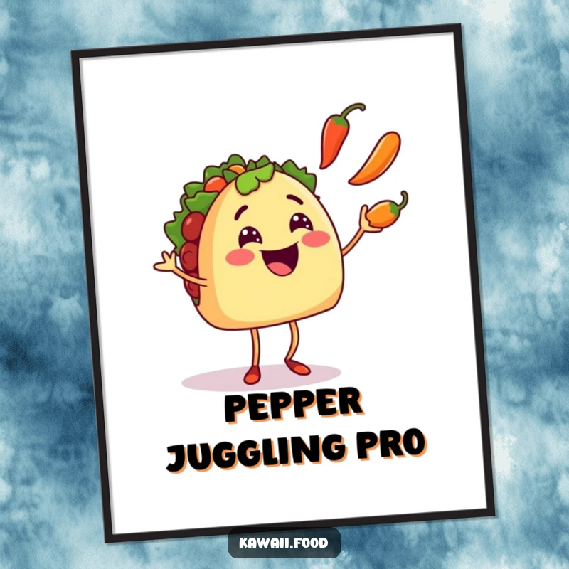 Funny smiling taco character with tiny legs juggling colorful chili peppers with great excitement, perfect for humorous wall art.