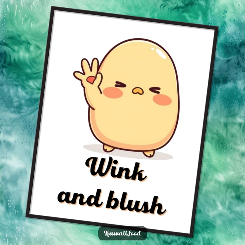 Funny Tamagoyaki Wink Poster: A blushing tamagoyaki character waves shyly with a cute wink, charming and sweet wall decoration.