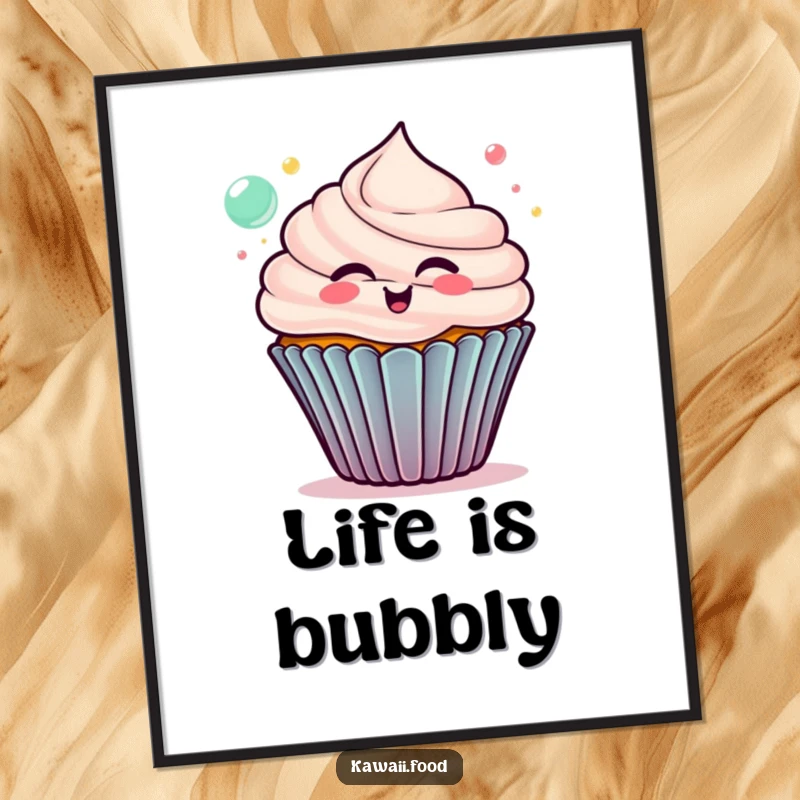 Funny cupcake poster, delighted character blowing colorful bubbles, a charming and humorous piece of wall art for a joyful ambiance.