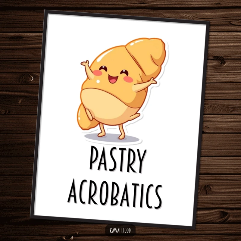 Funny Poster: A happy croissant character captured mid-cartwheel, radiating energetic joy and a love for delightful pastry fun, perfect for wall art.
