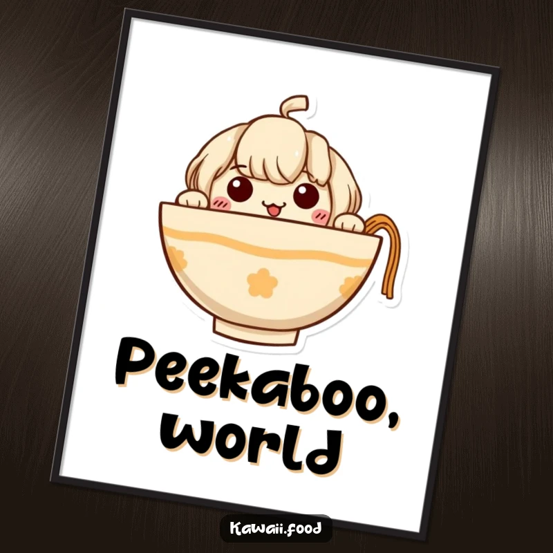 Funny Ramen Poster displaying a curious ramen bowl character peeking out with its tiny noodle arms, adding a humorous touch to decor.