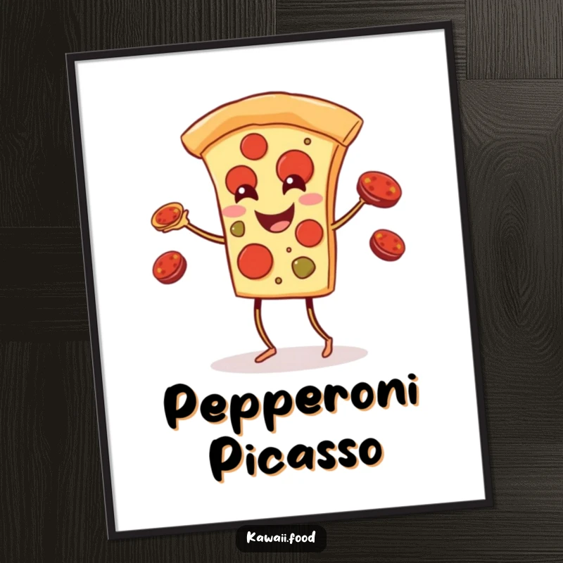 Funny pizza slice with legs in mid-juggle with pepperoni toppings, a vibrant and humorous food art poster for wall decor.