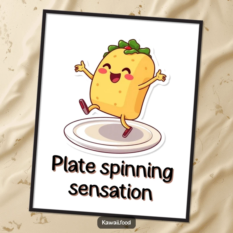 Smiling taco character performing breakdance moves on a plate, presented as a vibrant and amusing wall poster.