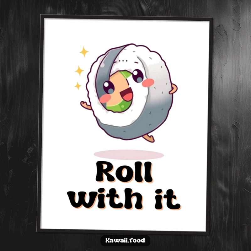 Funny sushi roll character doing a cartwheel with sparkling eyes on a poster, bringing vibrant energy and humorous joy to decor.