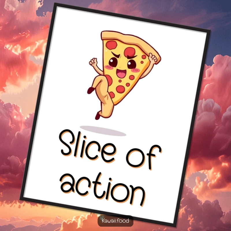 Funny Poster: Artistic rendering of a determined pizza slice performing a high kick, adding a dynamic and humorous touch.