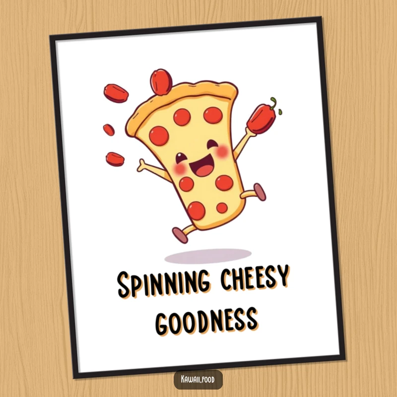 Funny pizza slice character doing a cartwheel with pepperonis flying, presented as a lively wall art poster.
