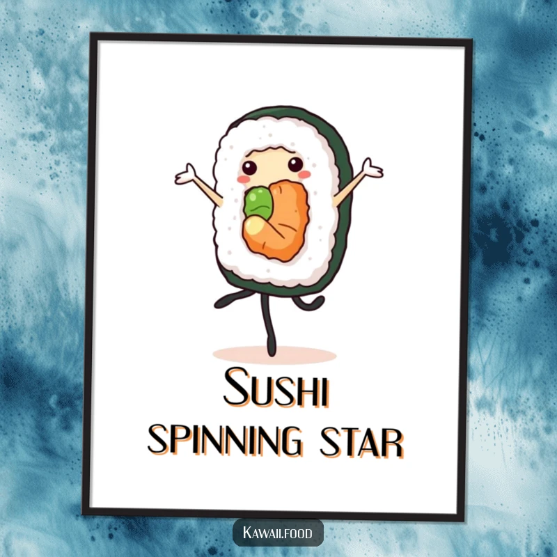 Cheerful sushi roll character performing a pirouette, presented as an elegant and amusing wall poster.