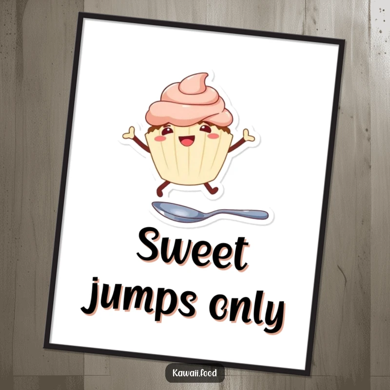 Funny cheerful cupcake with legs leaping over a tiny spoon on a whimsical poster, ideal for adding playful decor.
