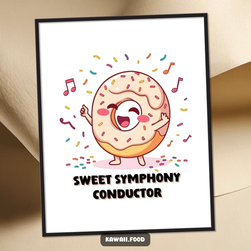 Funny poster depicting a giggling donut character energetically conducting a vibrant orchestra made of colorful sprinkles, a festive wall decoration.