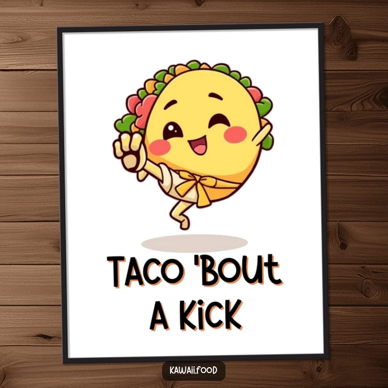 Funny poster of a happy taco character excitedly doing a karate kick, adding a dynamic flavor to any room.