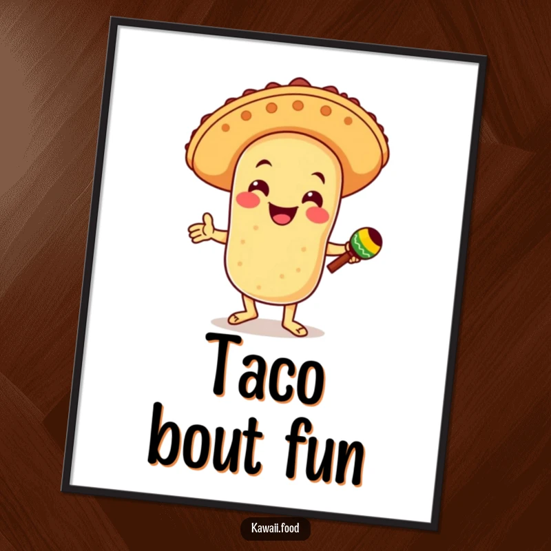 Funny poster showcasing a smiling taco character wearing a sombrero, dancing energetically with maracas, creating a festive and joyful atmosphere.