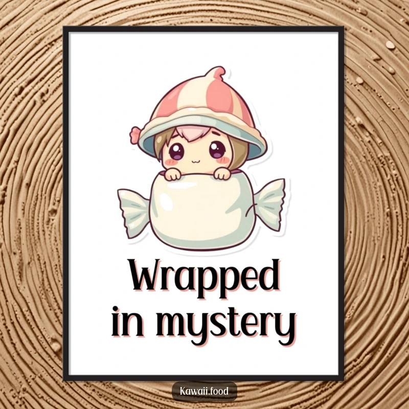 Funny poster print of a curious candy character in a tiny wrapper hat, popping out of a larger candy wrapper.