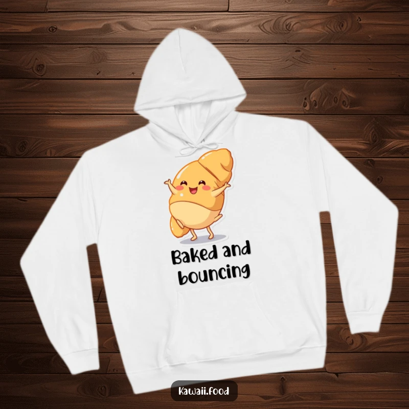 Funny Hoodie: A happy croissant character performing a cartwheel with infectious enthusiasm, offering a cozy and humorous addition to any wardrobe.