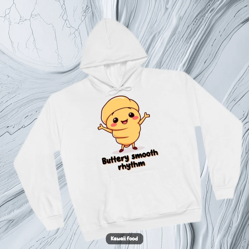 Funny hoodie showcasing a smiling croissant character doing a silly little jig, perfect for cozy, cheerful days.