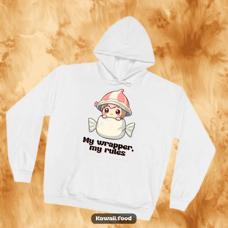 Funny hoodie featuring a curious candy character wearing a tiny wrapper hat, peeking out from a larger wrapper.