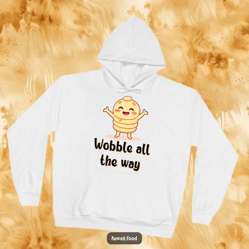 Funny pancake stack hoodie performing a silly wobble dance, a cozy and humorous breakfast character design, great funny gift.