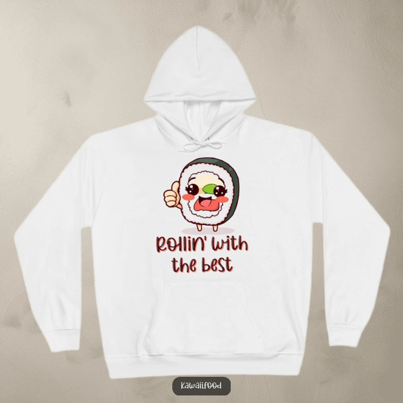 Funny sushi roll character hoodie giving a proud thumbs up, cozy and delicious apparel for sushi fans, great funny gift.