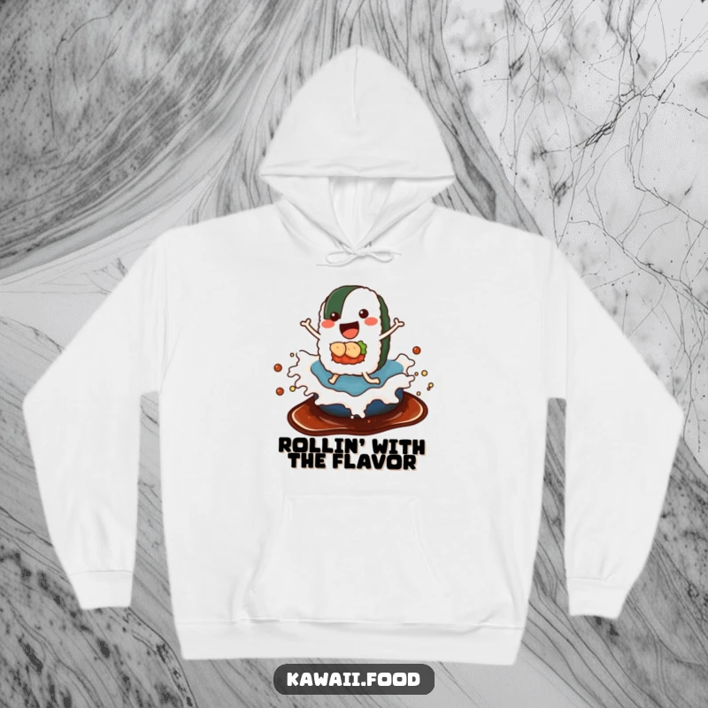 Funny hoodie showcasing a happy sushi roll with legs joyfully surfing a rolling wave of soy sauce, a delightful scene.