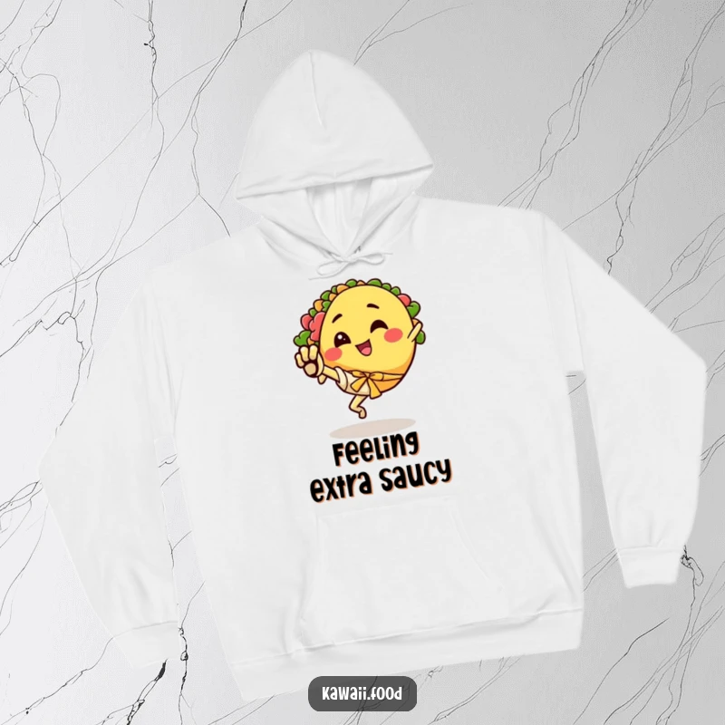 Funny hoodie showing a happy taco character doing a powerful karate kick, perfect for staying warm and stylish.