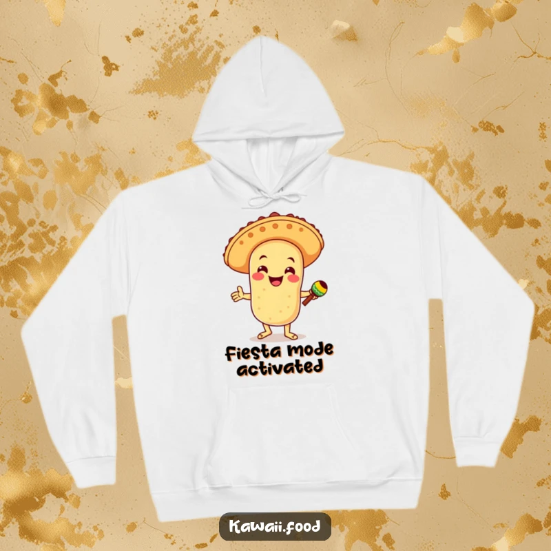 Funny hoodie depicting a smiling taco character in a sombrero, dancing with maracas, offering cozy fiesta vibes and cheerful warmth.