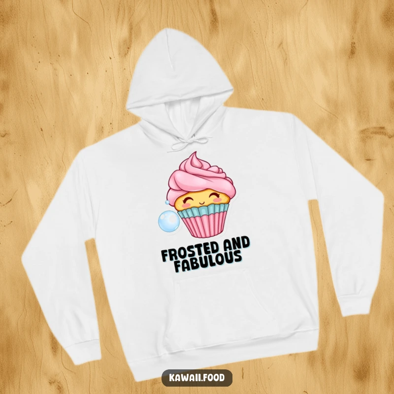 Funny hoodie showcasing a cheerful cupcake with frosting hair, blowing a bubble, offering cozy comfort and sweet, playful vibes.