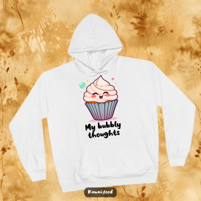 Funny cupcake hoodie, delighted character blowing colorful bubbles, a warm and cheerful design for comfortable, humorous wear.