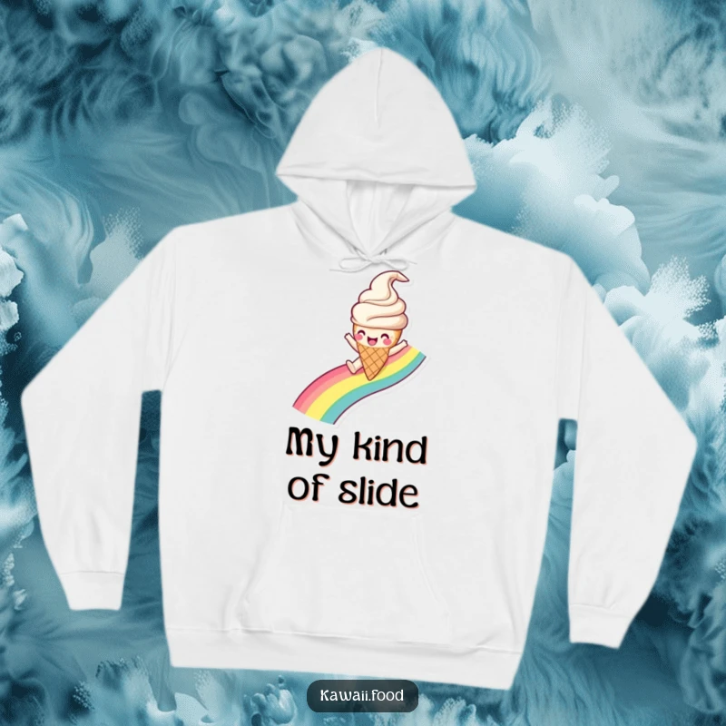 Funny Ice Cream Cone Hoodie illustration of a happy ice cream character gleefully sliding down a bright rainbow, a cozy and cheerful item.