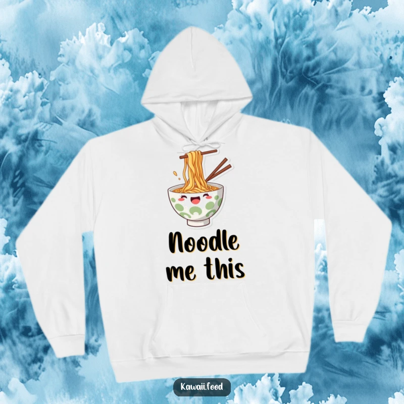 Funny Hoodie: Cozy design of a ramen bowl splashing noodles joyfully, radiating happiness and comfort.